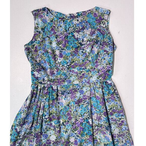 Vintage 60's Blue Floral Sleeveless Cotton Dress Sz L 32" w Retro Plus Talon - Picture 3 of 8